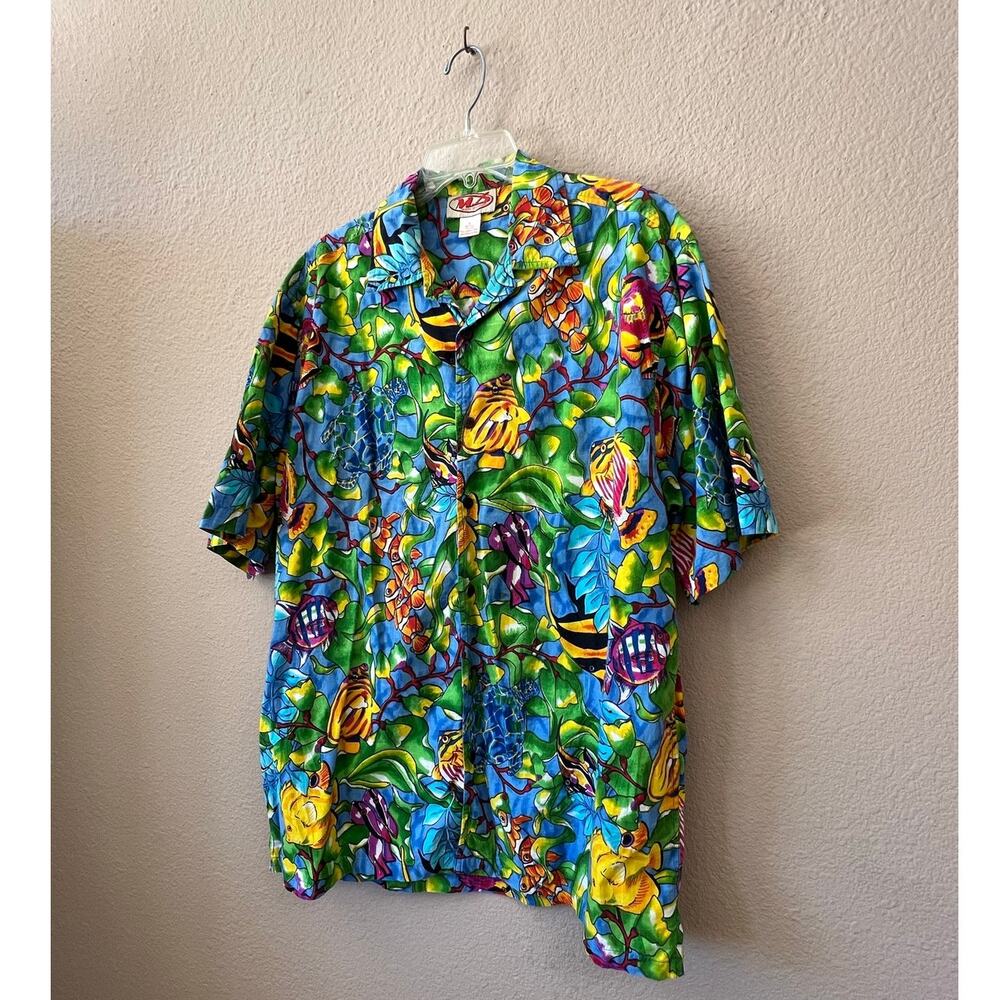 Vintage 90s tropical fish mens hawaiian shirt size L